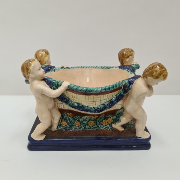 Majolica Style Four Angels Supporting Planter