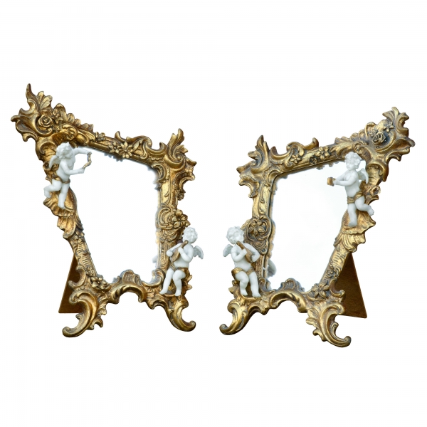 Gold Gilt Leaf Beveled Table Mirror with Cherubs - PAIR