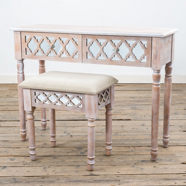 Wood Lattice Mirrored Dressing Table Set