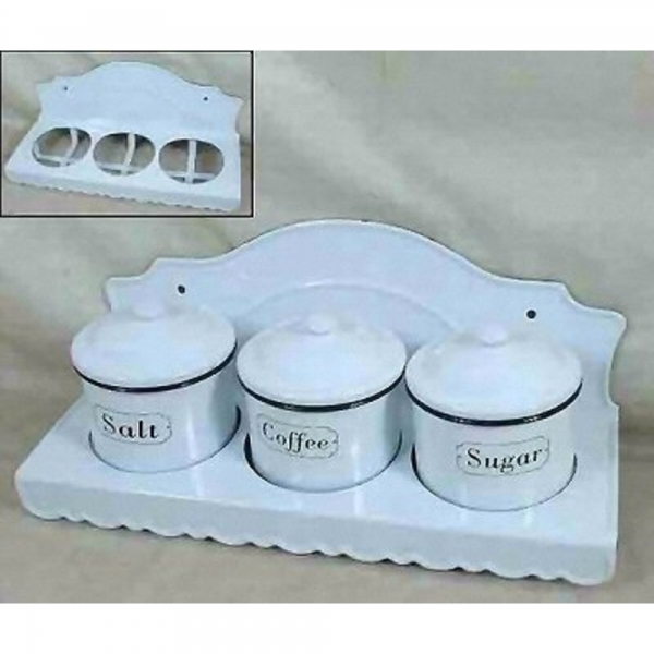 White Enamel Containers - Salt, Coffee & Sugar