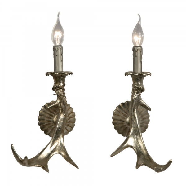 Silver Wild Antler Wall Lamps - pair