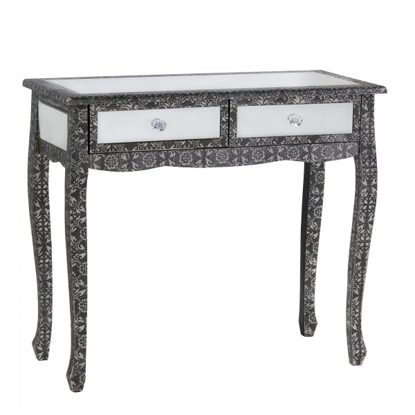 Chaandhi Kar Metal Embossed Mirrored Desk - Blackened Silver