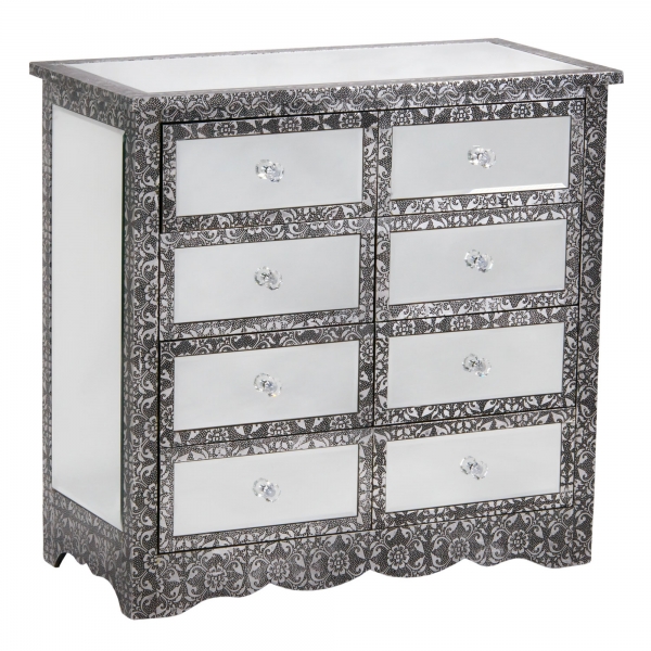 Mirrored Chaandhi Kar Blackened Silver Metal Embossed Chest of Drawers