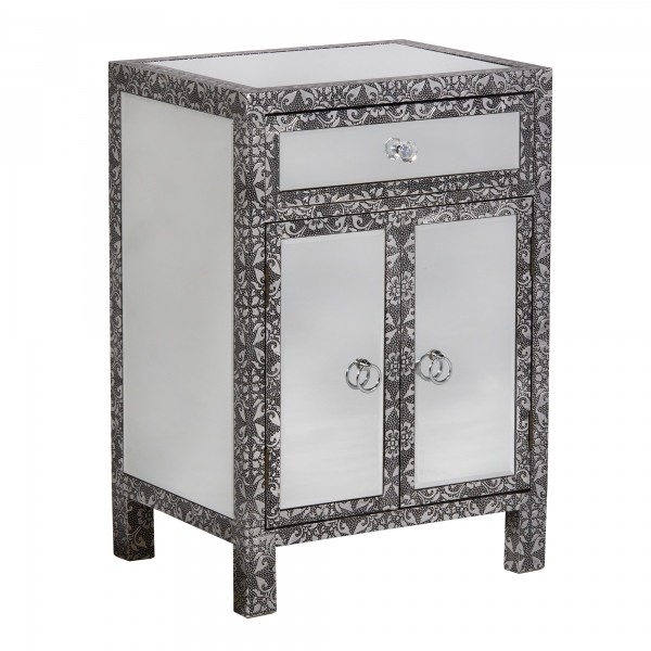 Chaandhi Kar Metal Embossed Mirrored Bedside Cabinet - Blackened Silver