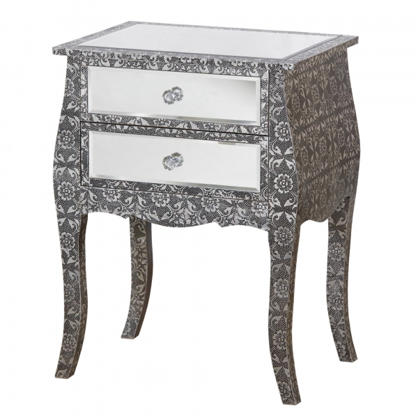 Mirrored Chaandhi Kar Blackened Silver Metal Embossed Bedside Table