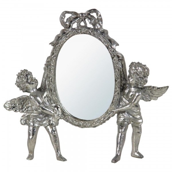Champagne Silver Gilt Leaf Cherub Oval Bevelled Table Mirror