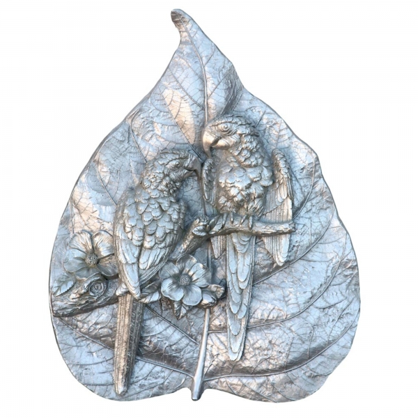 Silver Parrots Carved Into A Rainforest Leaf -Decorative Wall Desk Plaque