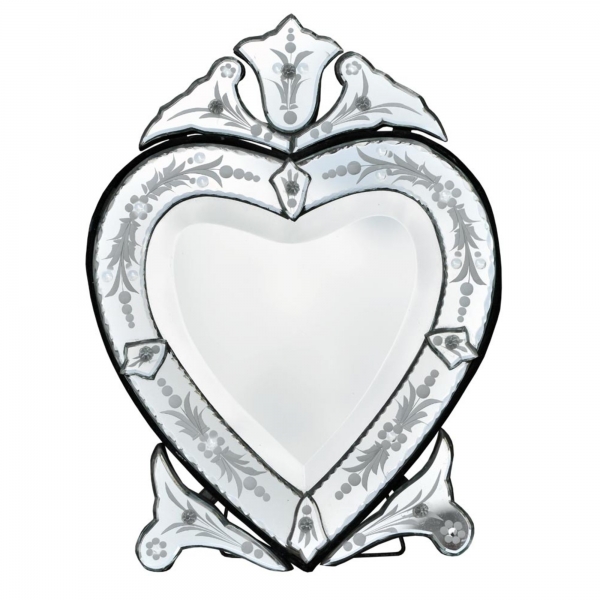 Venetian Heart Shaped Clear Table Mirror With Bevelled And Etched Glass