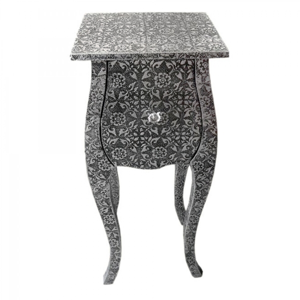 Chaandhi Kar Metal Embossed Bedside Table - Blackened Silver