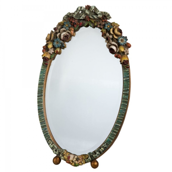 Barbola Floral Multicolour Oval Bevelled Decorative Table or Wall Mirror