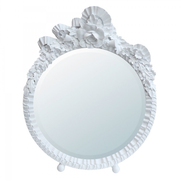 Barbola Floral White Clay Paint Round Decorative Table or Wall Mirror