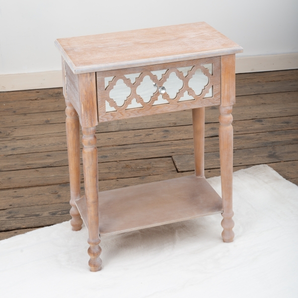 Wood Lattice Mirrored Bedside Table
