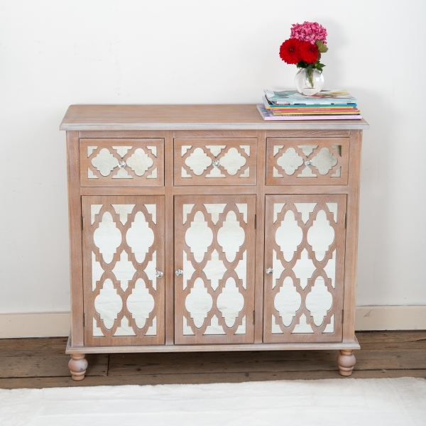 Wood Lattice Mirrored Sideboard Cabinet
