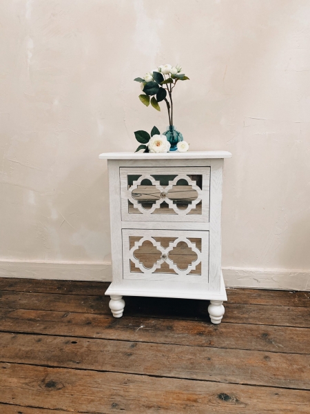 Wood Lattice Mirrored Bedside Table - White Finish
