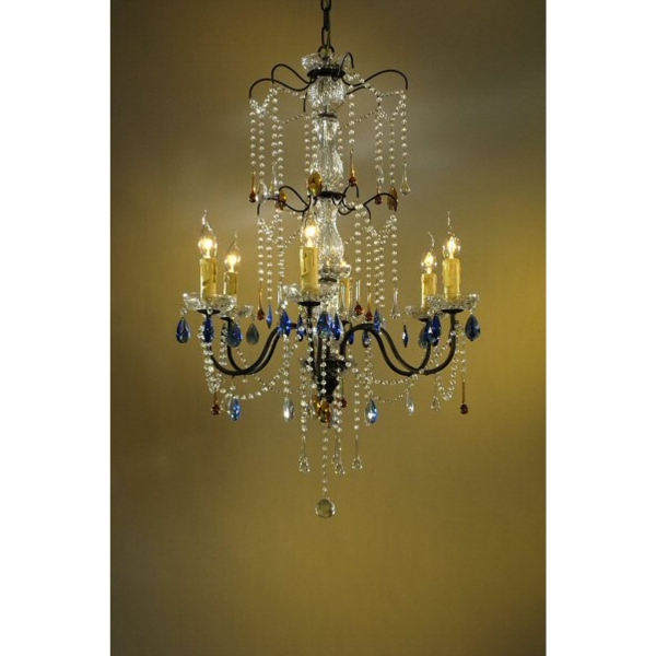 Vintage 6 Light Chandelier - Bronze, Clear, Amber and Blue