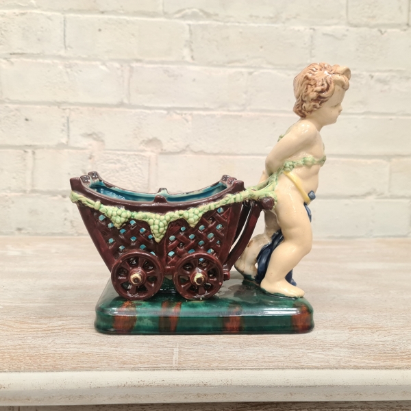 Majolica Style Putti Cherub Pulling a Cart