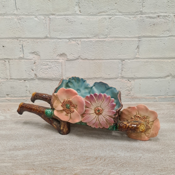 Majolica Style Floral Wheel Barrel 