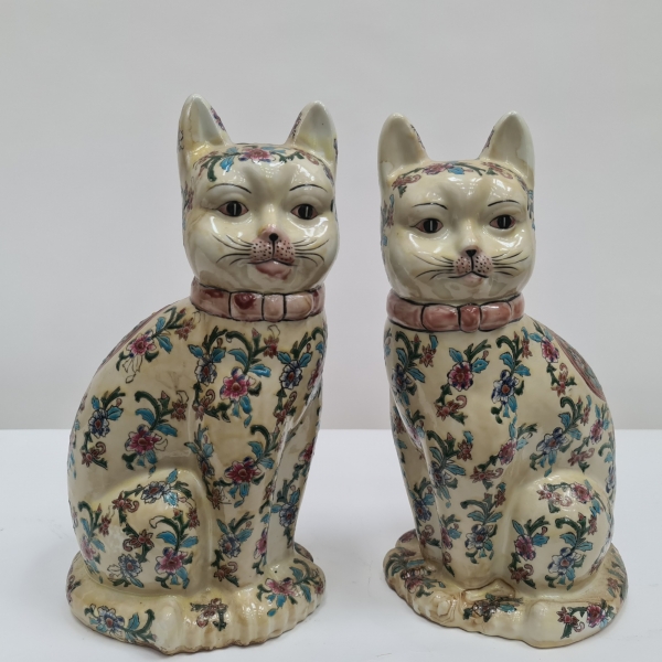 Pair of Majolica Cats Hand Painted Floral 