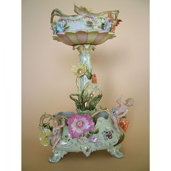  Porcelain Italian Style Double Stem Vase with Putti Cherubs  