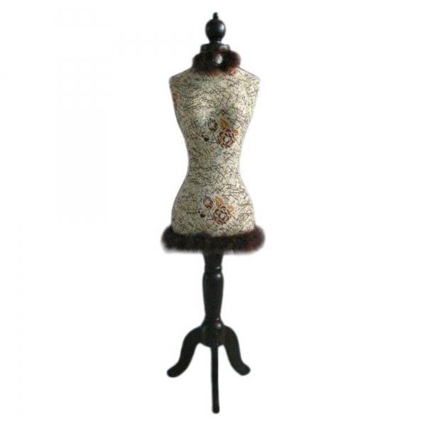 Rose-Patterned Decorative Mannequin with Feather Trim