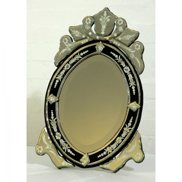 Venetian Oval Black & Clear Etched Decorative Table or Wall Mirror