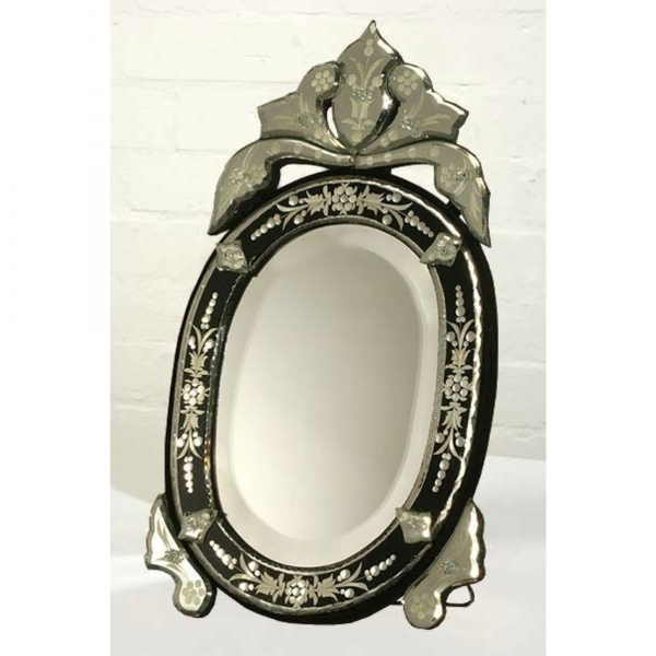 Venetian Oval Black & Clear Etched Bevelled Decorative Table Mirror