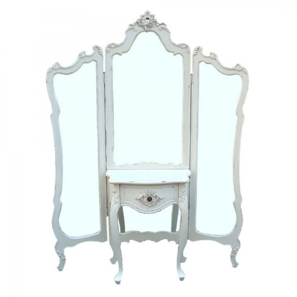 Boudoir Provence Mirrored Triple Screen - Antique White