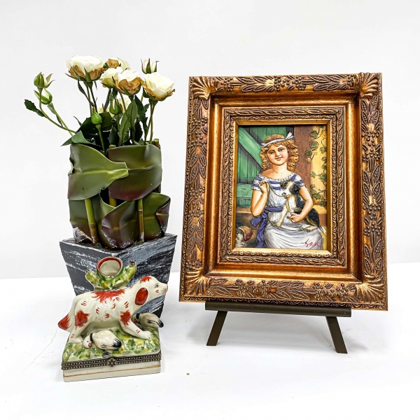 Vintage Gold Painting Wall Art - Girl & Dog
