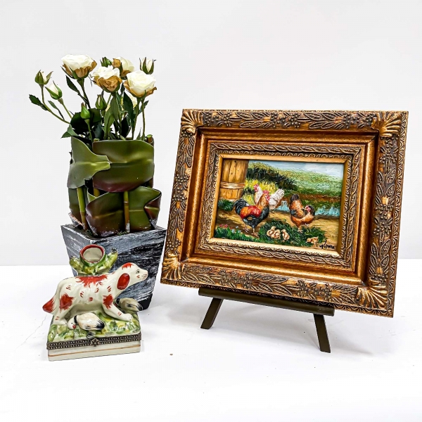 Vintage Gold Painting Wall Art - Chickens