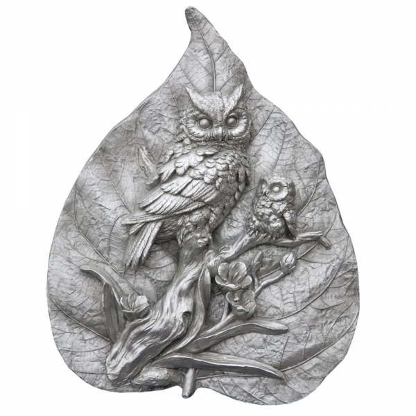 Silver Mother and Baby Owl Carved Into Leaf - Decorative Wall or Desk Plaque