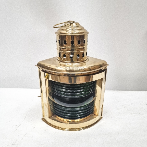 Vintage Large Brass Starbord Corner Oil Lantern Green Glass
