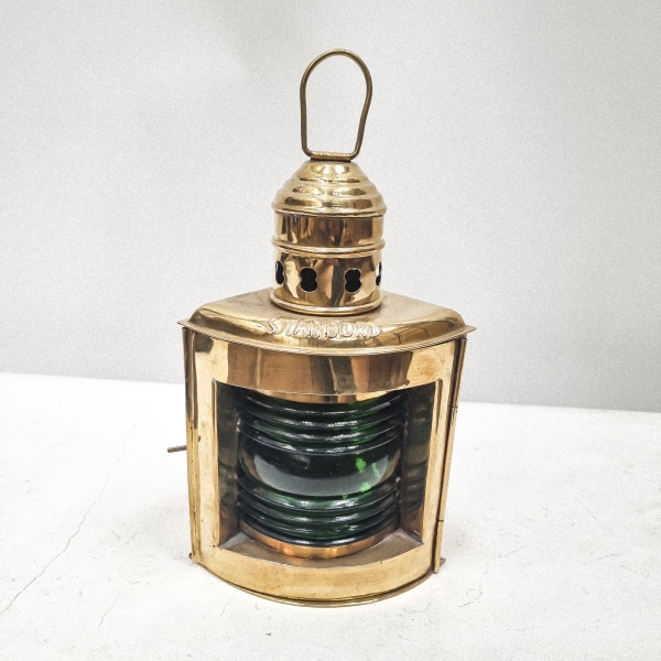 Vintage Small Brass Starbord Corner Oil Lantern Green Glass