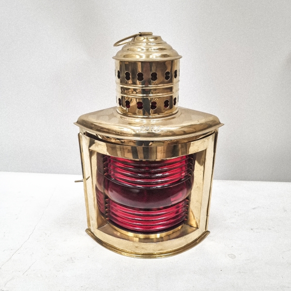 Vintage Large Brass Port Corner Oil Lantern Red Glass