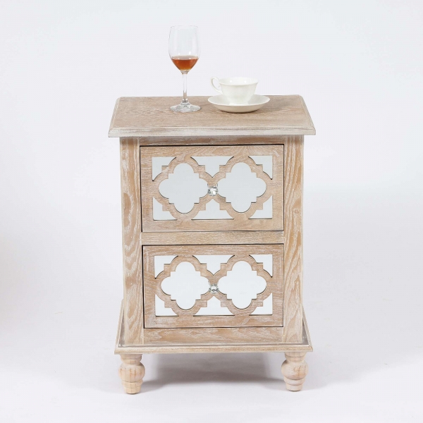 Wood Lattice Mirrored Bedside Table