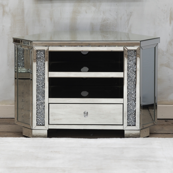 Venetian Crushed Diamond Mirrored TV Media Unit With Shelf and drawers - EXTRA PACKING