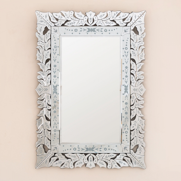 Venetian Modern Rectangular Mirror with Floral Mirrored Frame