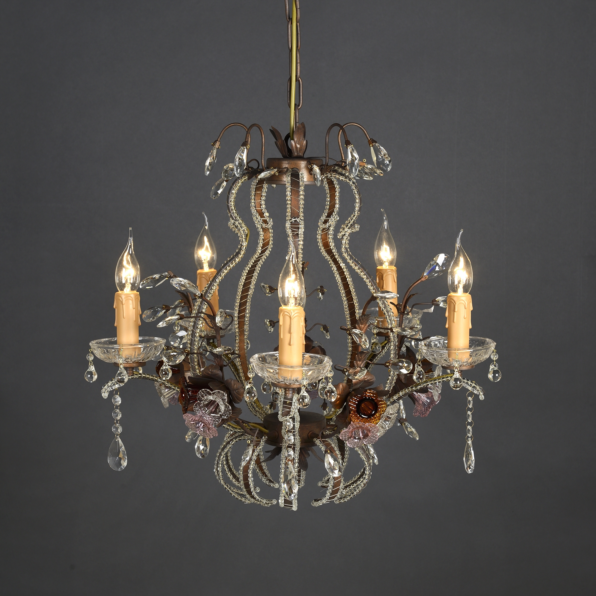 6 Light Chandelier - Bronze and Pink Mustard