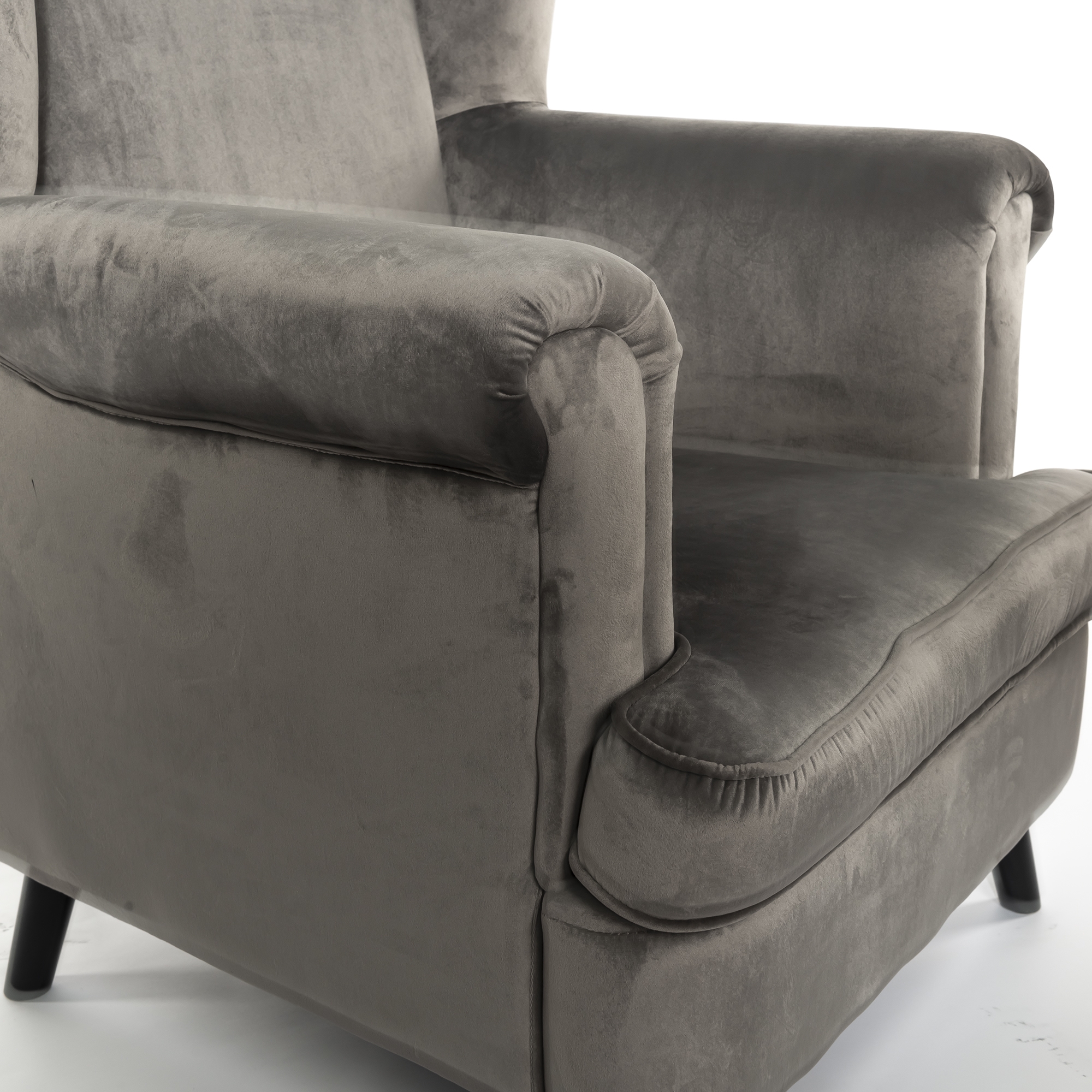 Light Gray Velvet Arm Chair / Armchair With Dark Oak legs