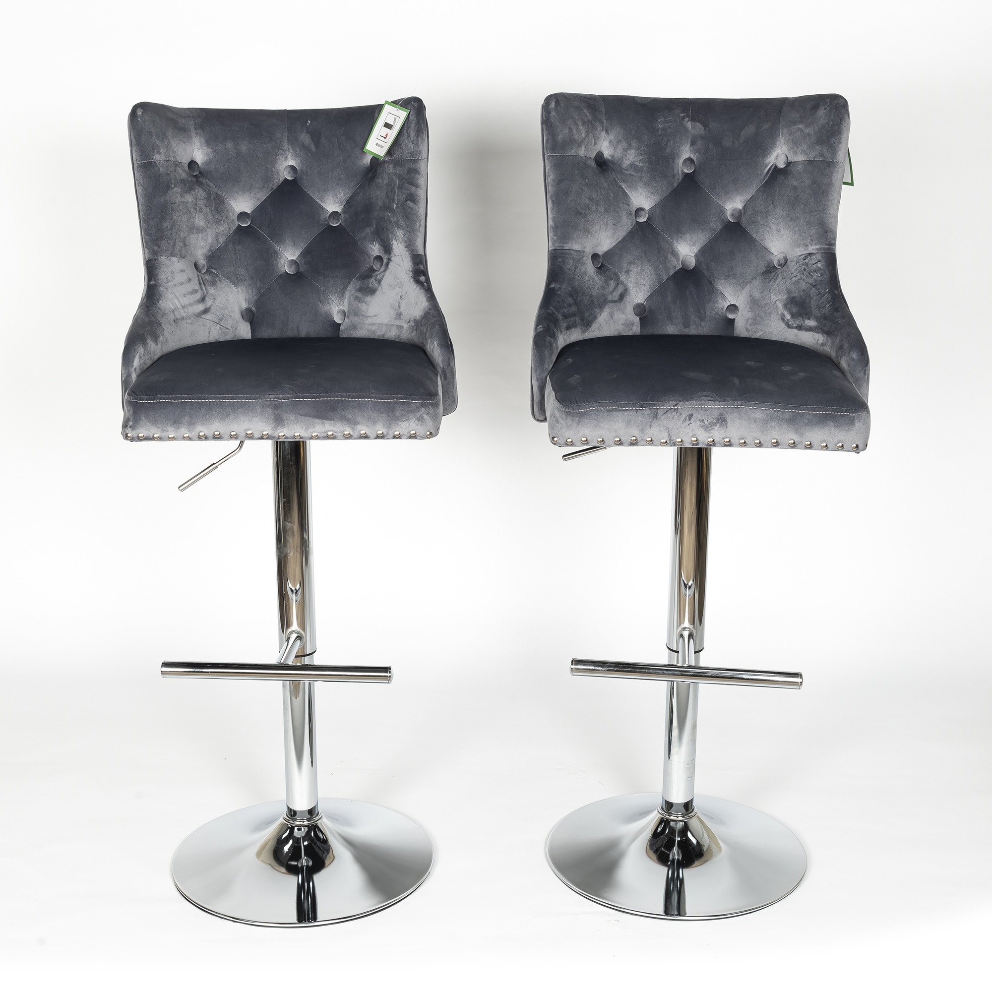 New Gray Velvet Barstool With Round Knocker and Chrome legs