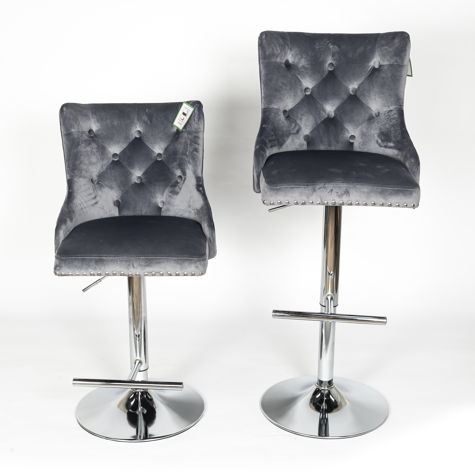 New Gray Velvet Barstool With Round Knocker and Chrome legs