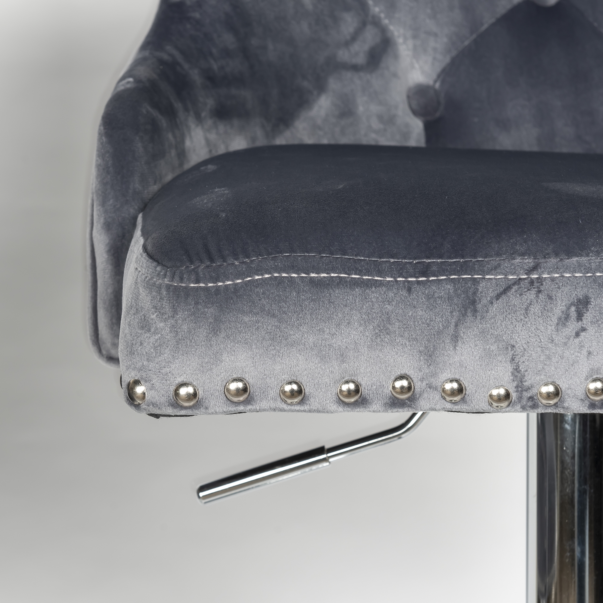 New Gray Velvet Barstool With Round Knocker and Chrome legs