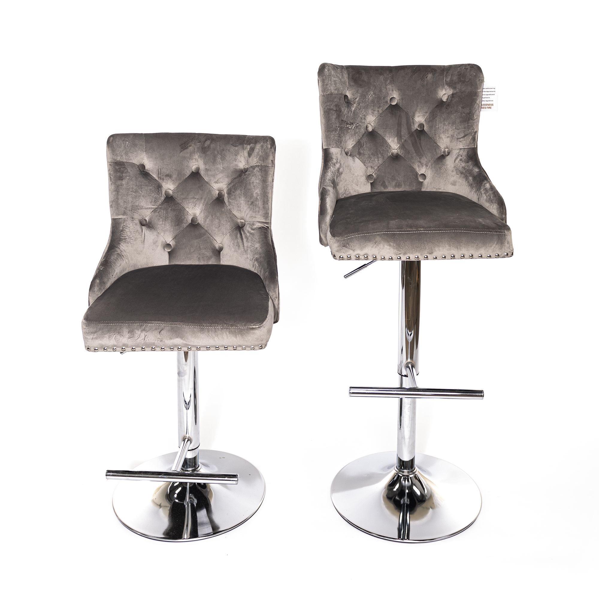 Light Gray Velvet Barstool With Round Knocker and Chrome legs
