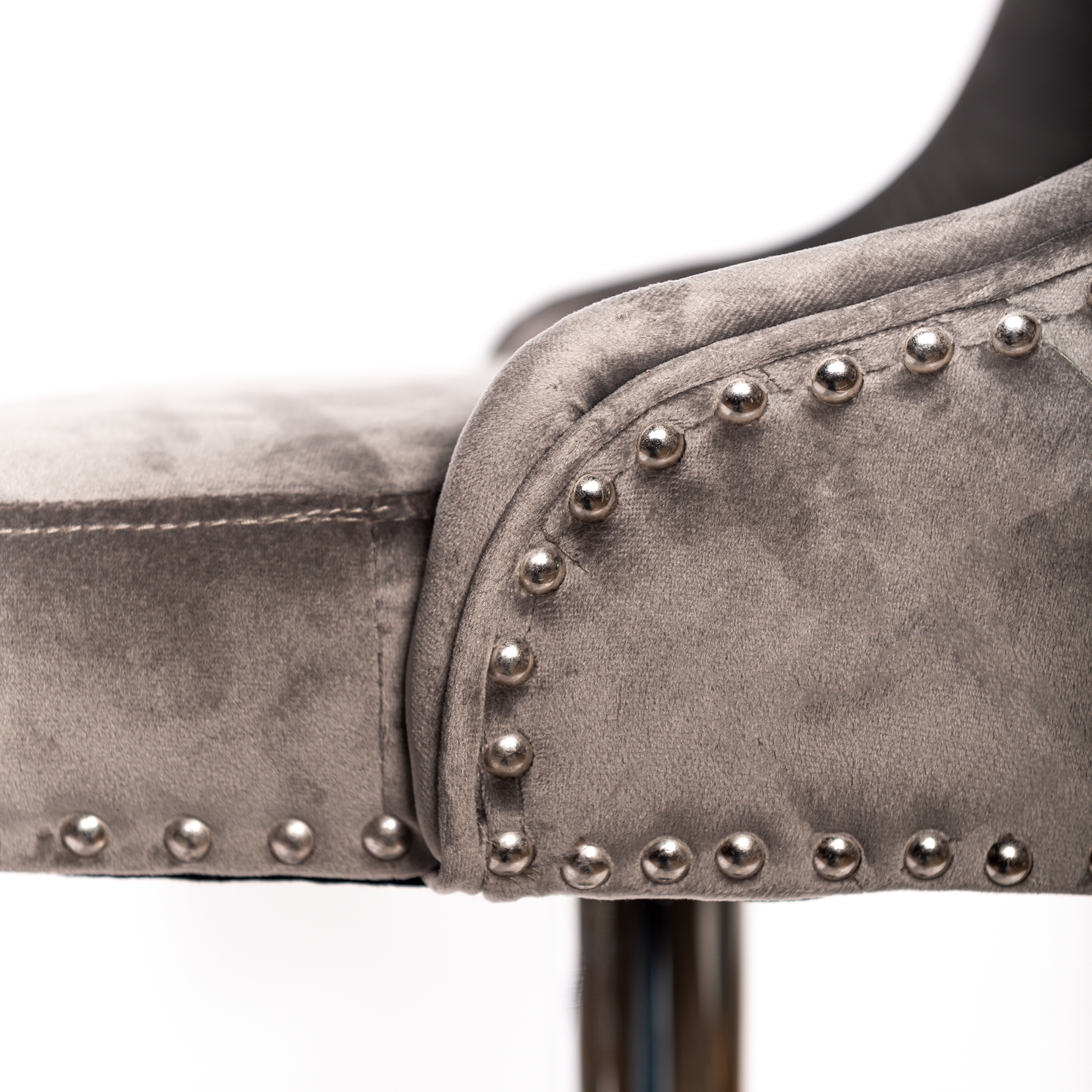 Light Gray Velvet Barstool With Round Knocker and Chrome legs