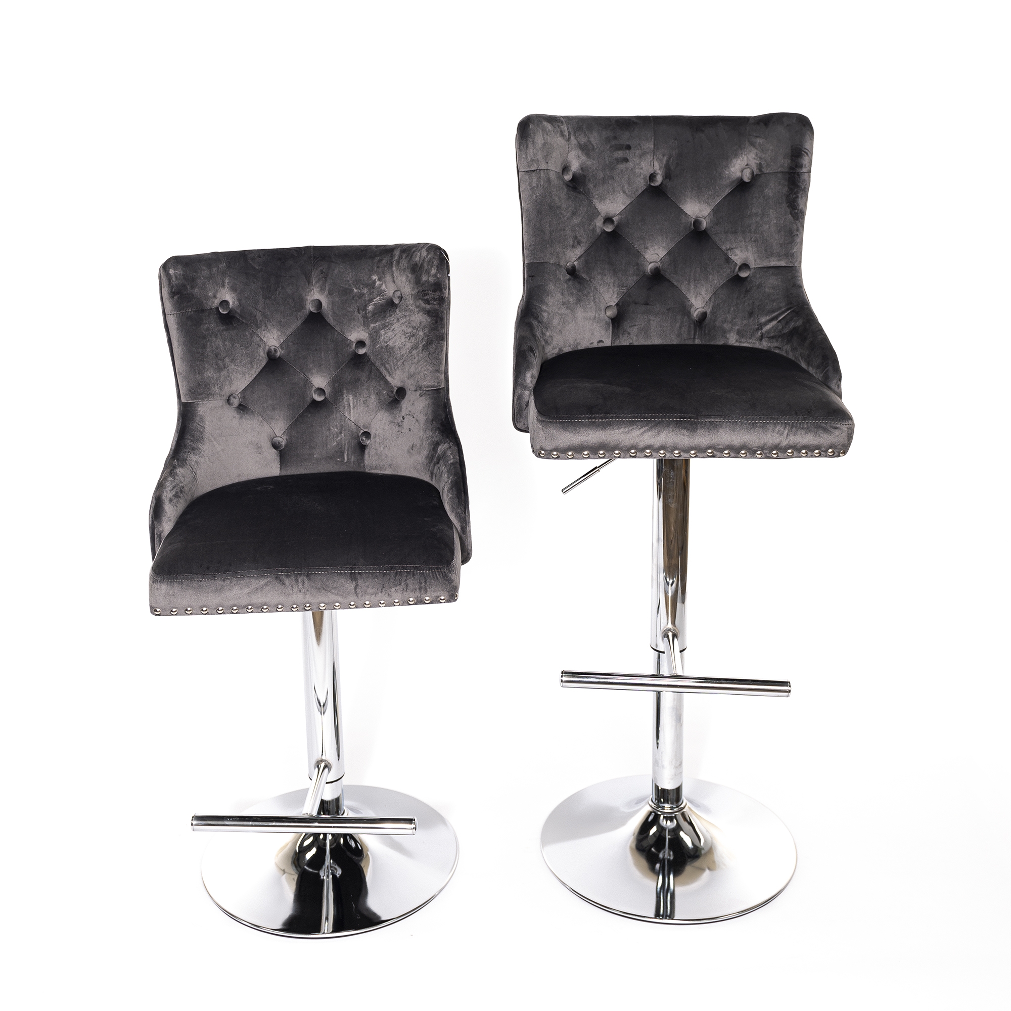 Dark Gray Velvet Barstool With Round Knocker and Chrome legs