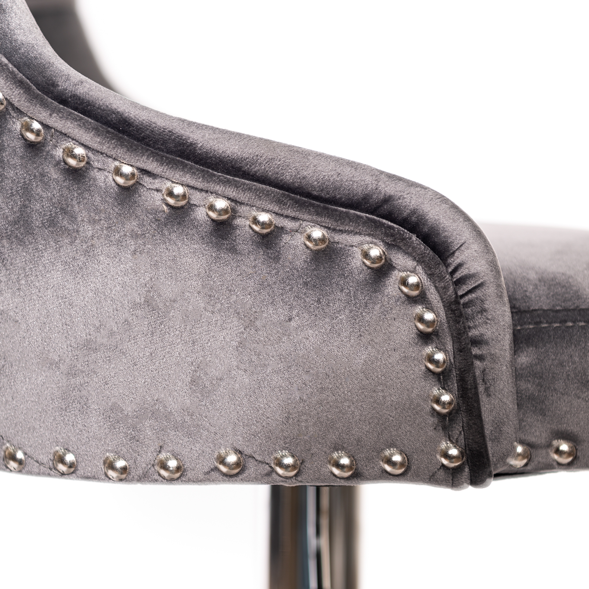 Dark Gray Velvet Barstool With Round Knocker and Chrome legs
