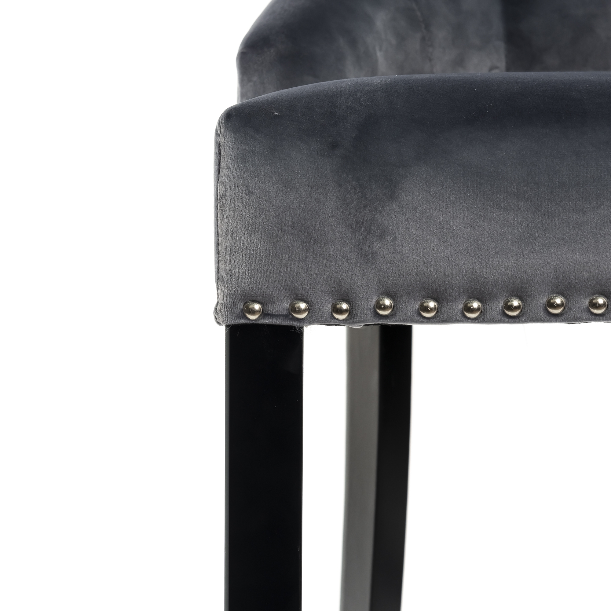 New Gray Velvet Barstool With Round Knocker and Oak legs