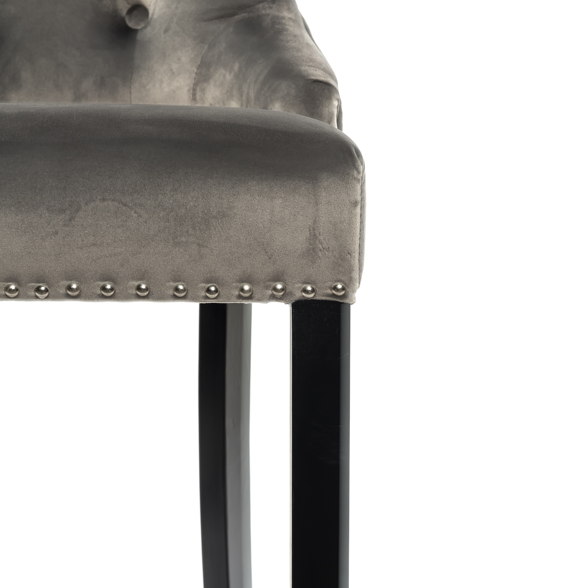 Light Gray Velvet Barstool With Round Knocker and Oak legs