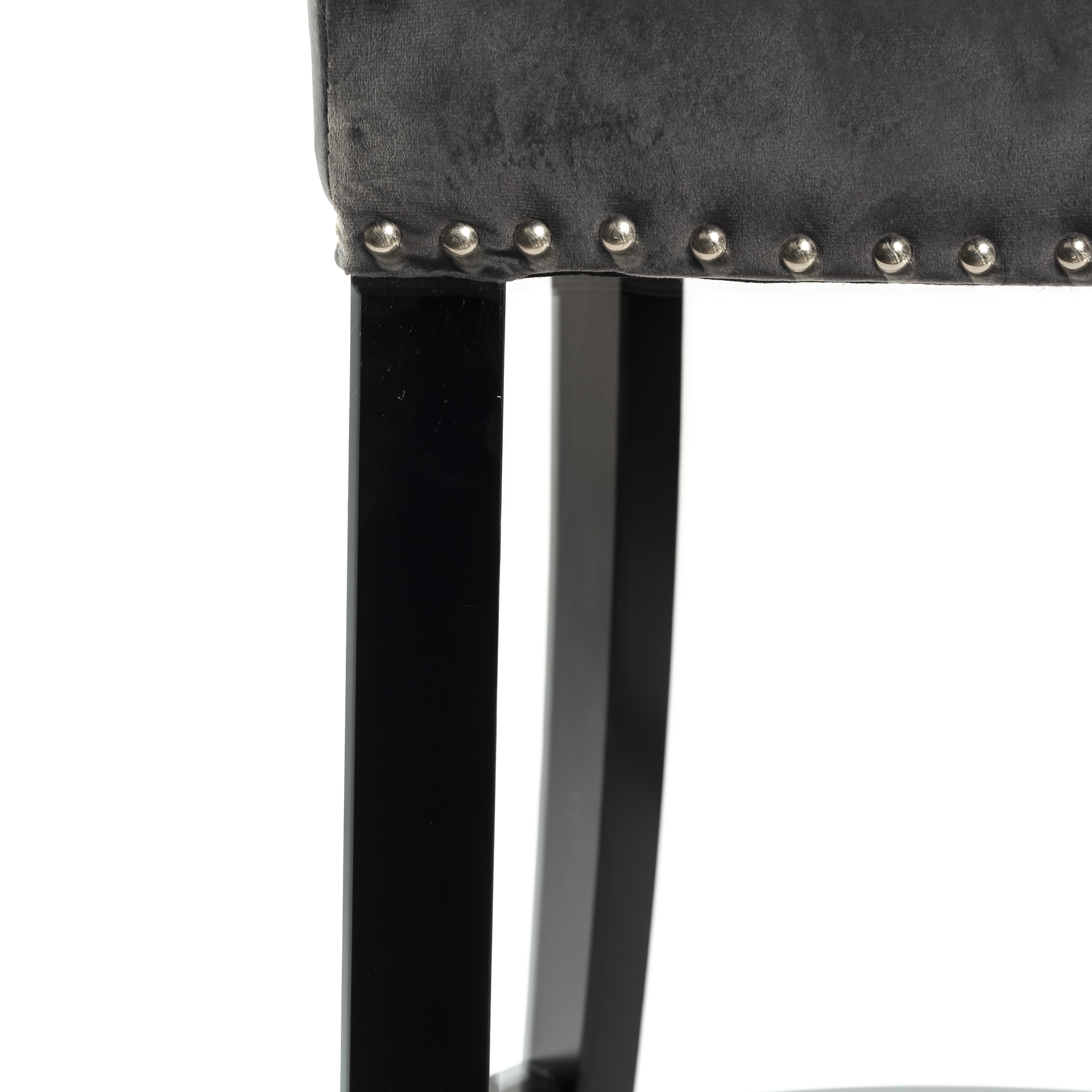 Dark Gray Velvet Barstool With Round Knocker and Oak legs