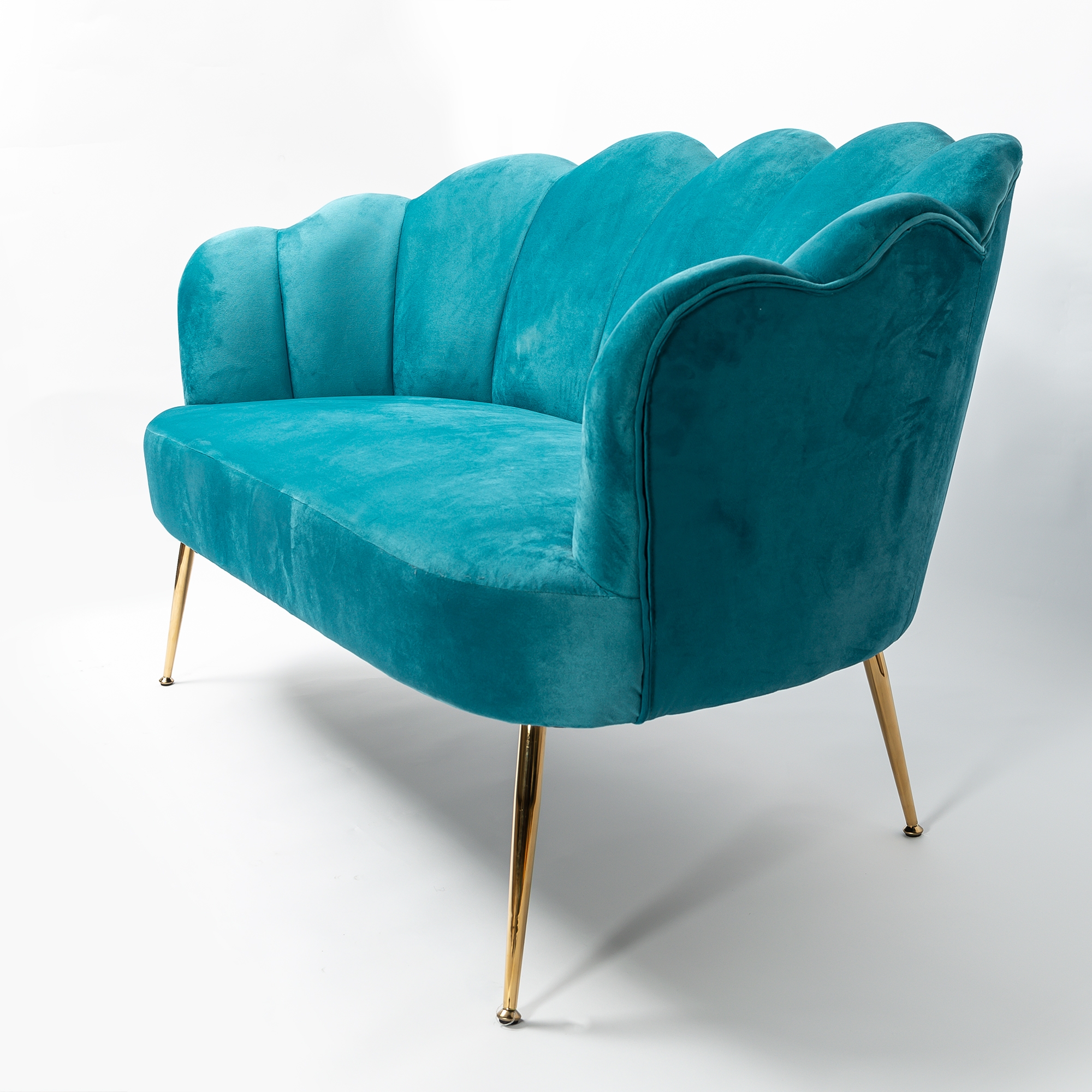 Sea Blue Velvet Petal Sofa With Gold Legs