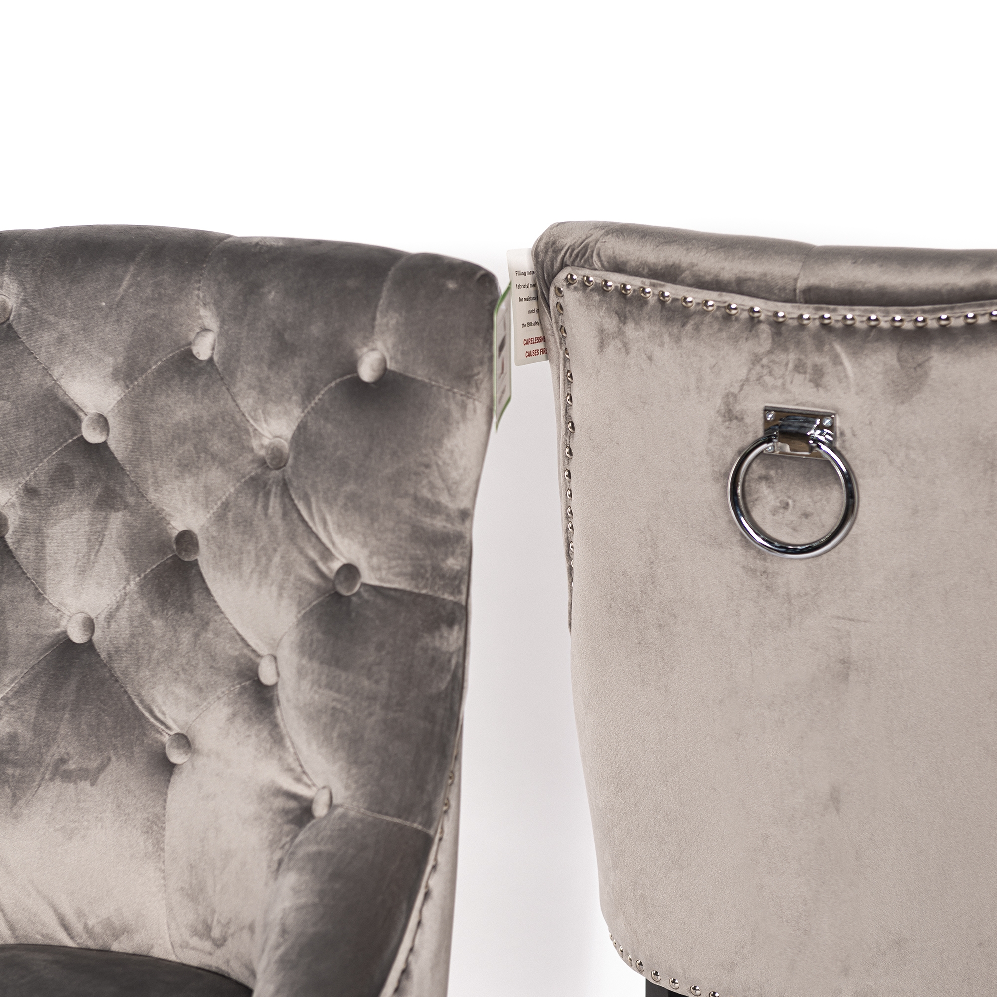 Light Gray Velvet Dining Chair With Knocker and Dark Oak legs